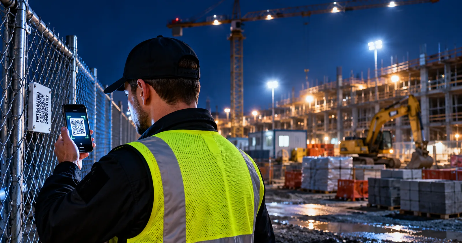 A security guard documenting a patrol on an active construction site at night