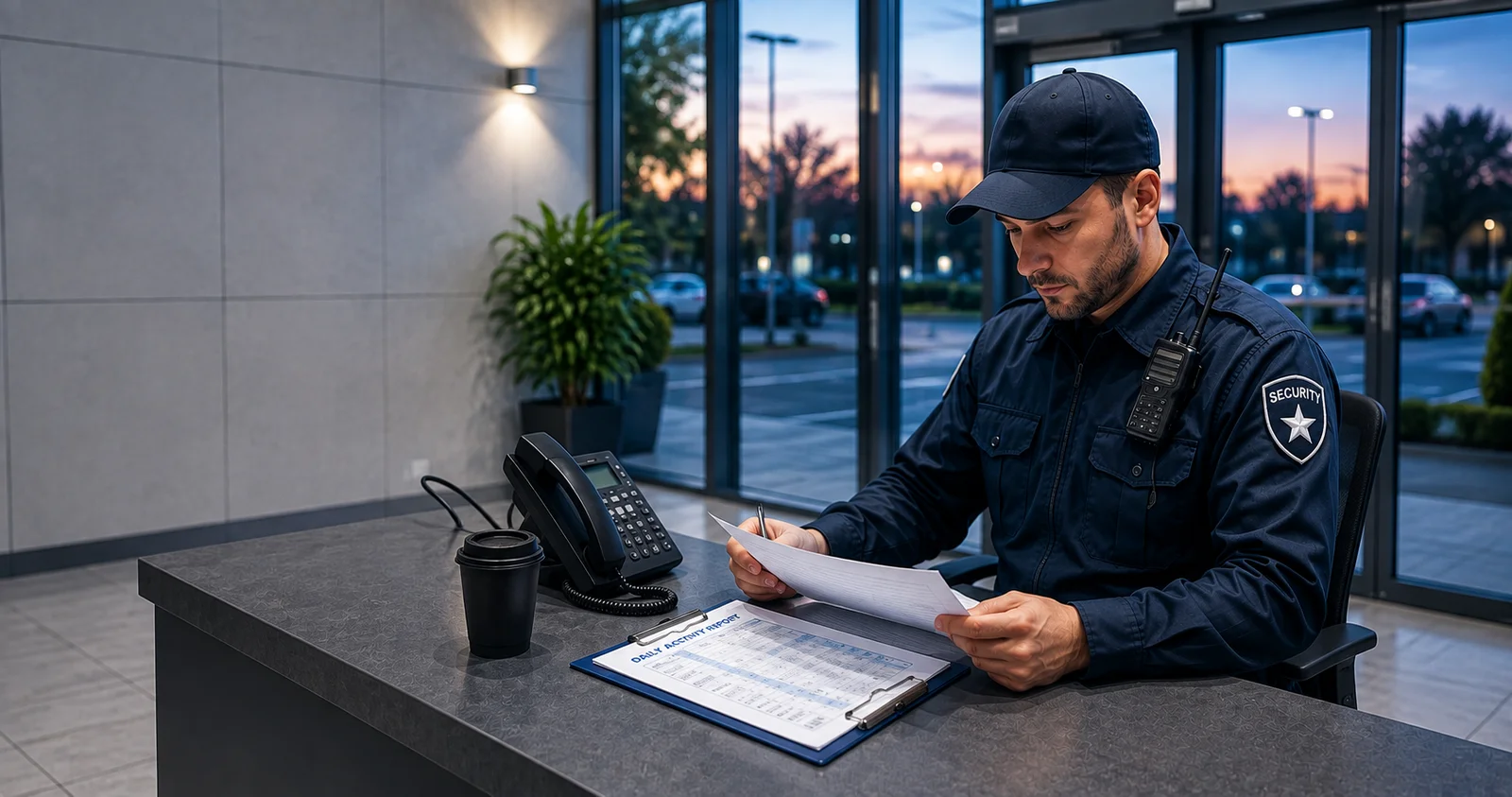 A security guard reviewing a printed daily activity report at a reception desk