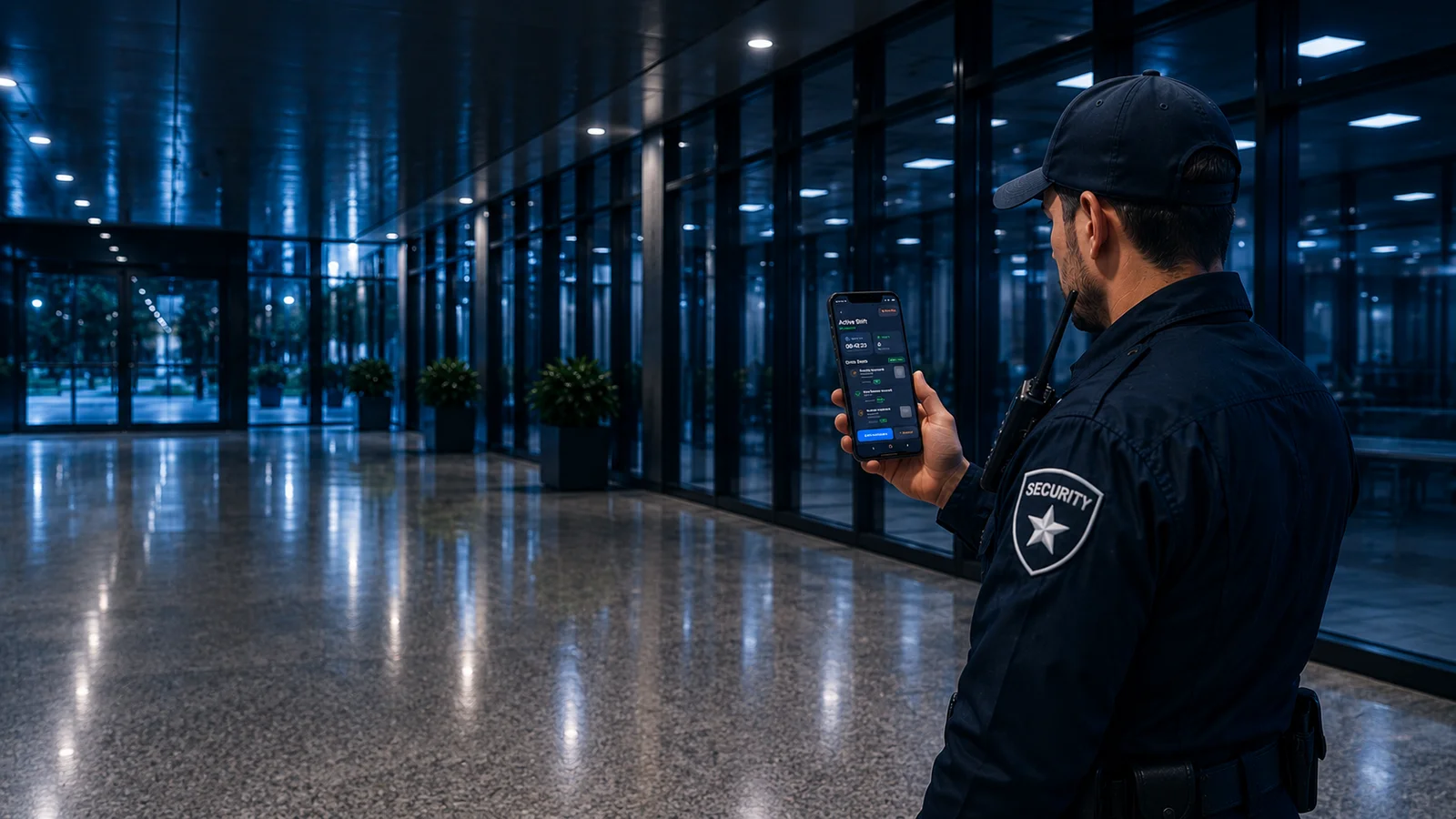 A security guard checking a patrol app on a phone during a shift in an empty lobby