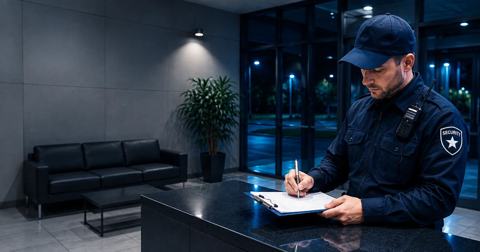 A security guard writing a shift entry on a clipboard at a building reception desk at night