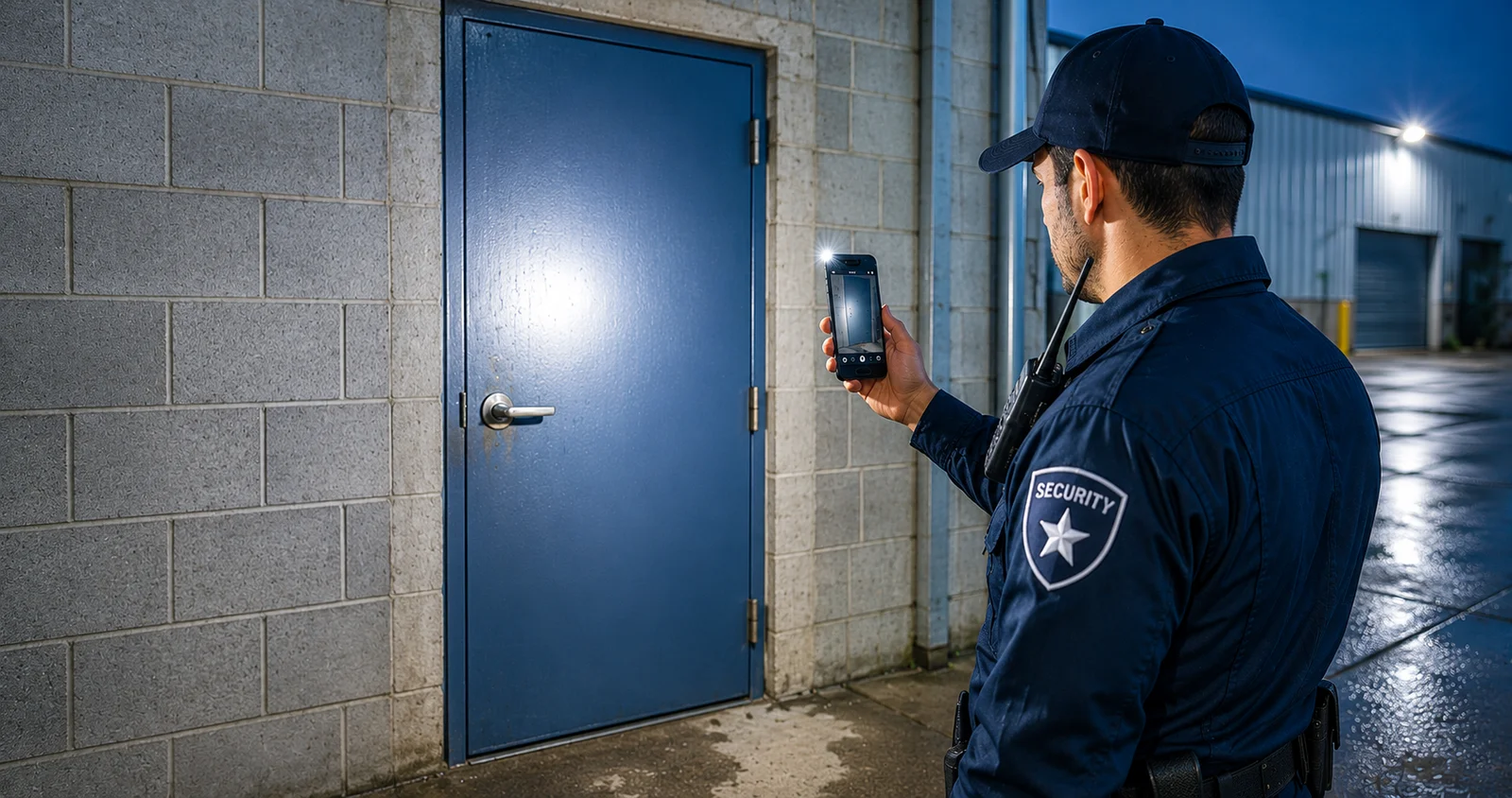A security guard photographing a warehouse door with a phone to document an incident