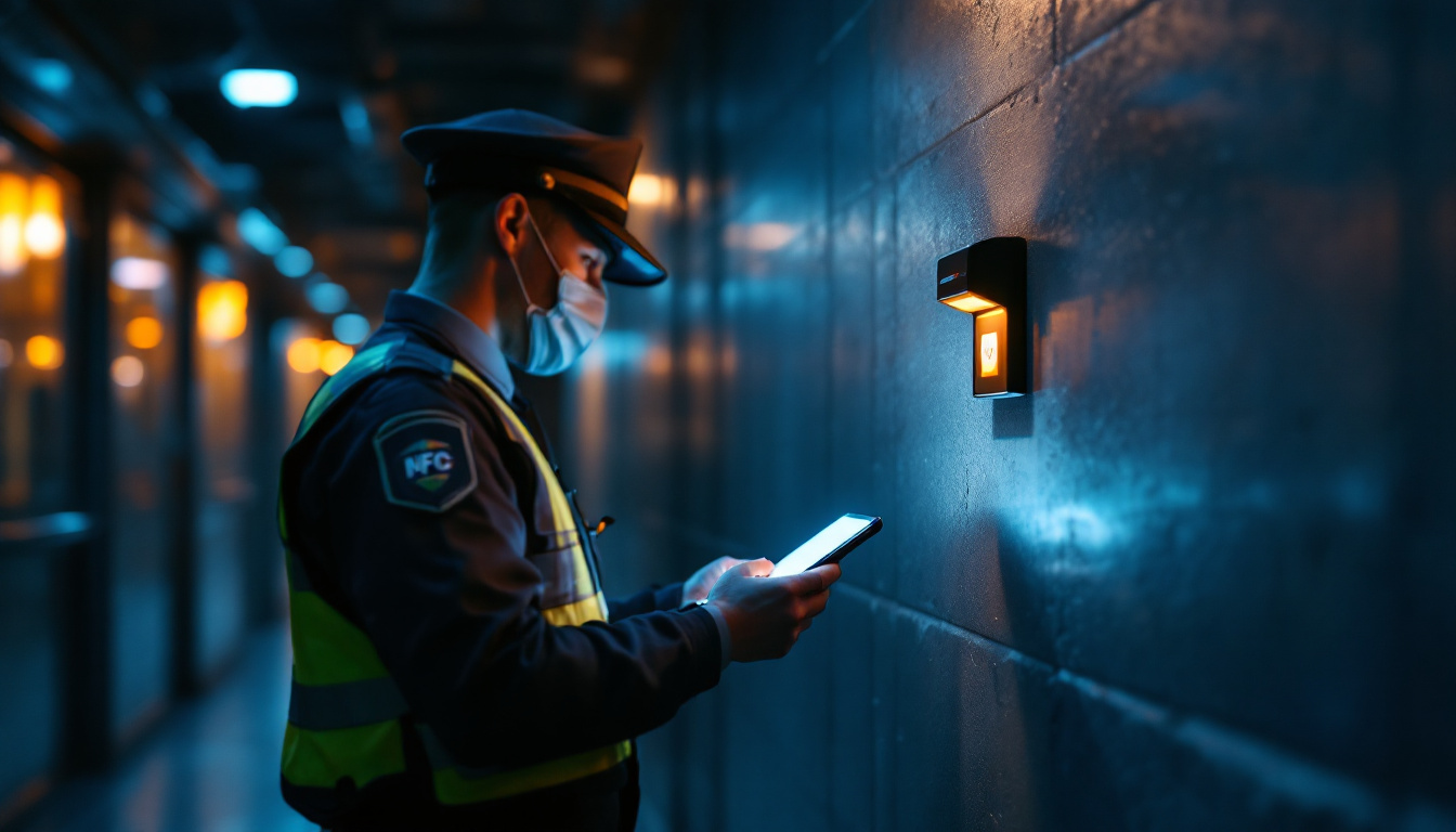 A security guard scanning an NFC checkpoint tag on a wall during a night patrol