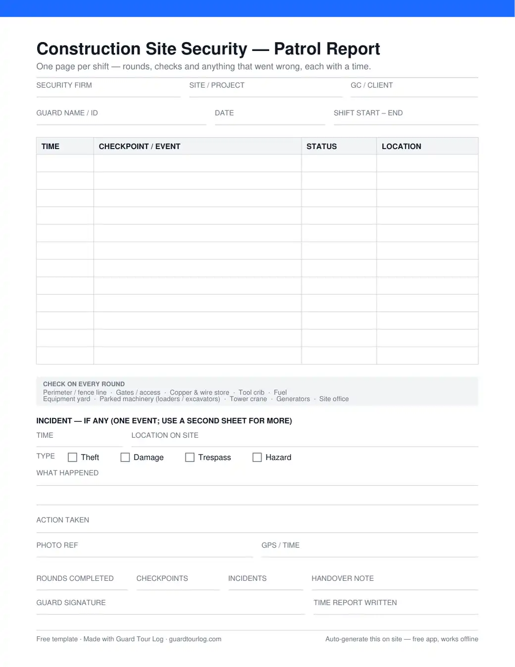 Preview of the printable construction site security patrol report: timed patrol rows, a construction checkpoint reminder and an incident block