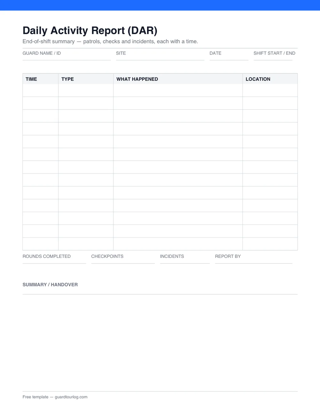 Preview of the printable daily activity report template: a timed table with totals for rounds, checkpoints and incidents