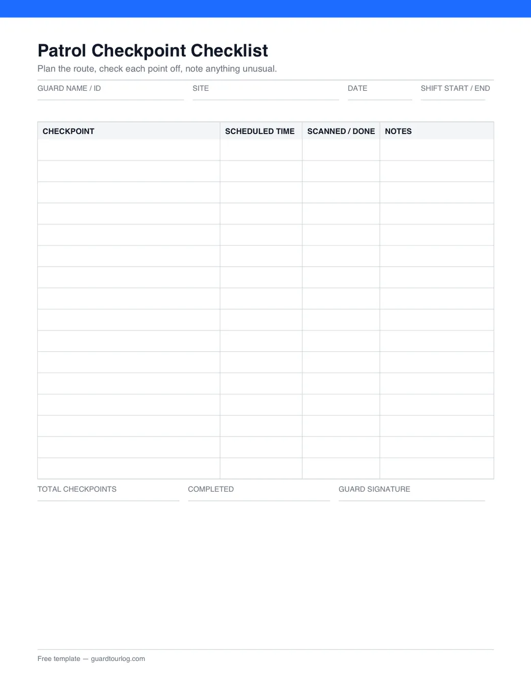 Preview of the printable patrol checkpoint checklist template: checkpoints with scheduled times, a done column and notes