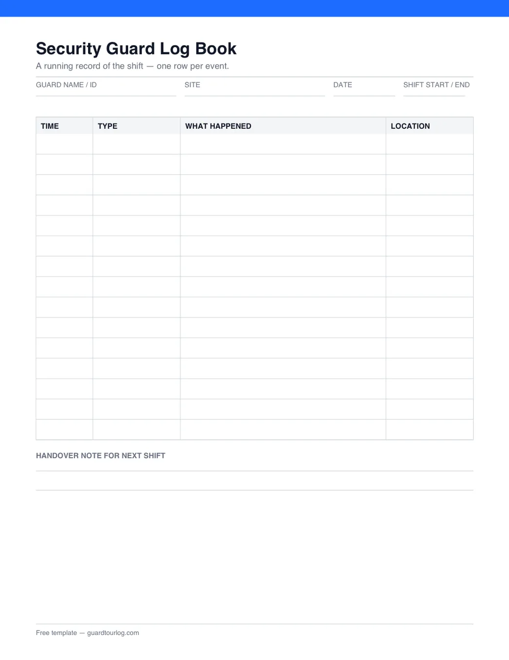 Preview of the printable security guard log book template: a timed table of shift events with a handover note
