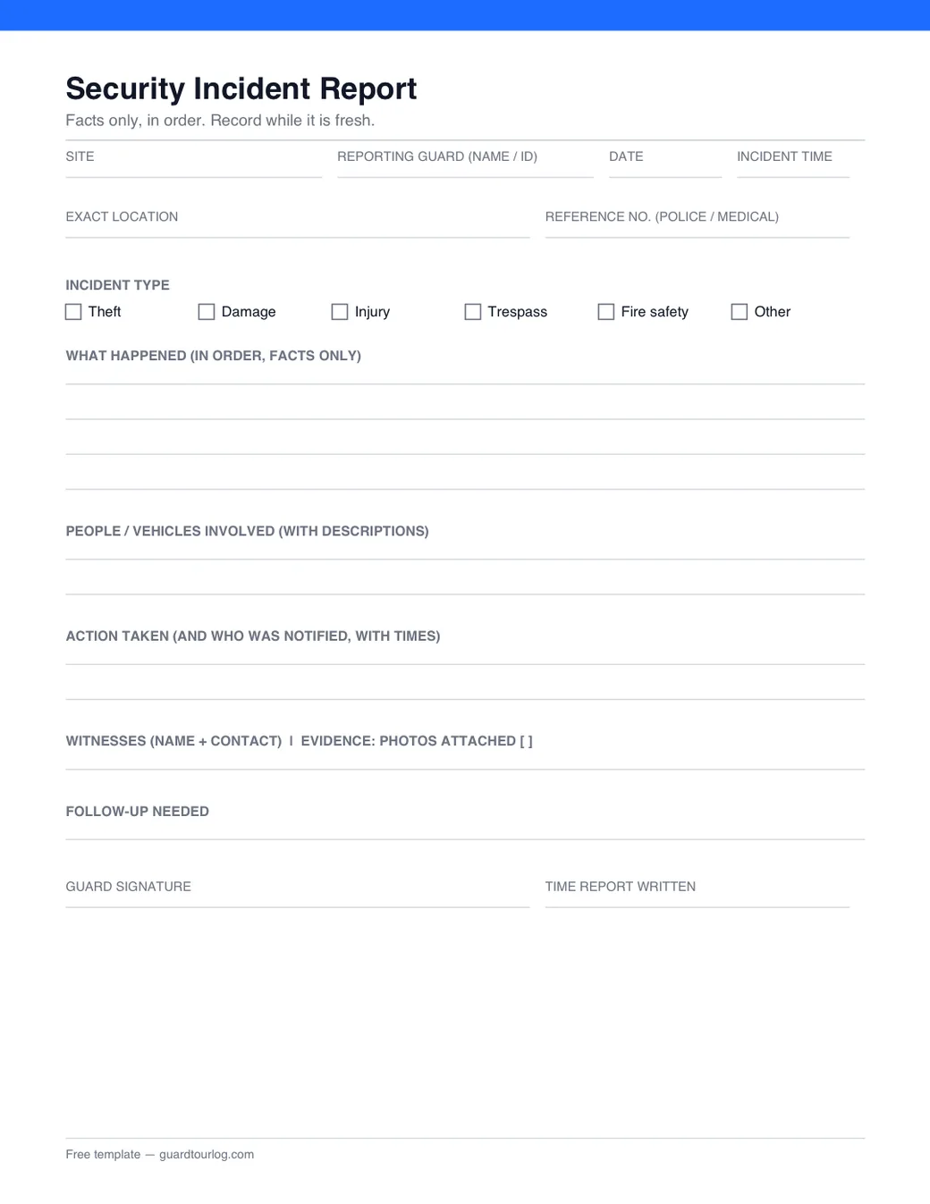 Preview of the printable security incident report template: fields for the time, location, account, action taken and witnesses